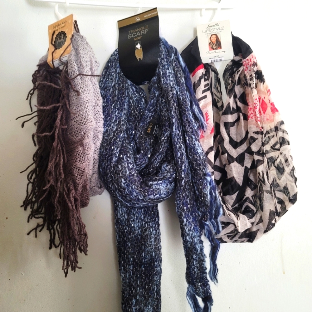 Scarf Designer Fashion Lot Of 3 Scarves Blue Black Sequins Infinity Triangle NWT